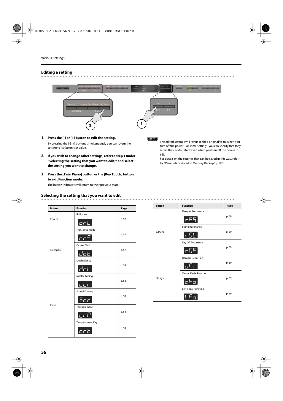 Editing a setting, Selecting the setting that you want to edit | Roland HP305 User Manual | Page 54 / 92