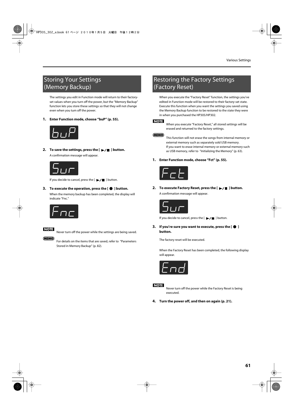 Storing your settings (memory backup), Restoring the factory settings (factory reset), P. 61 | Roland HP305 User Manual | Page 59 / 92