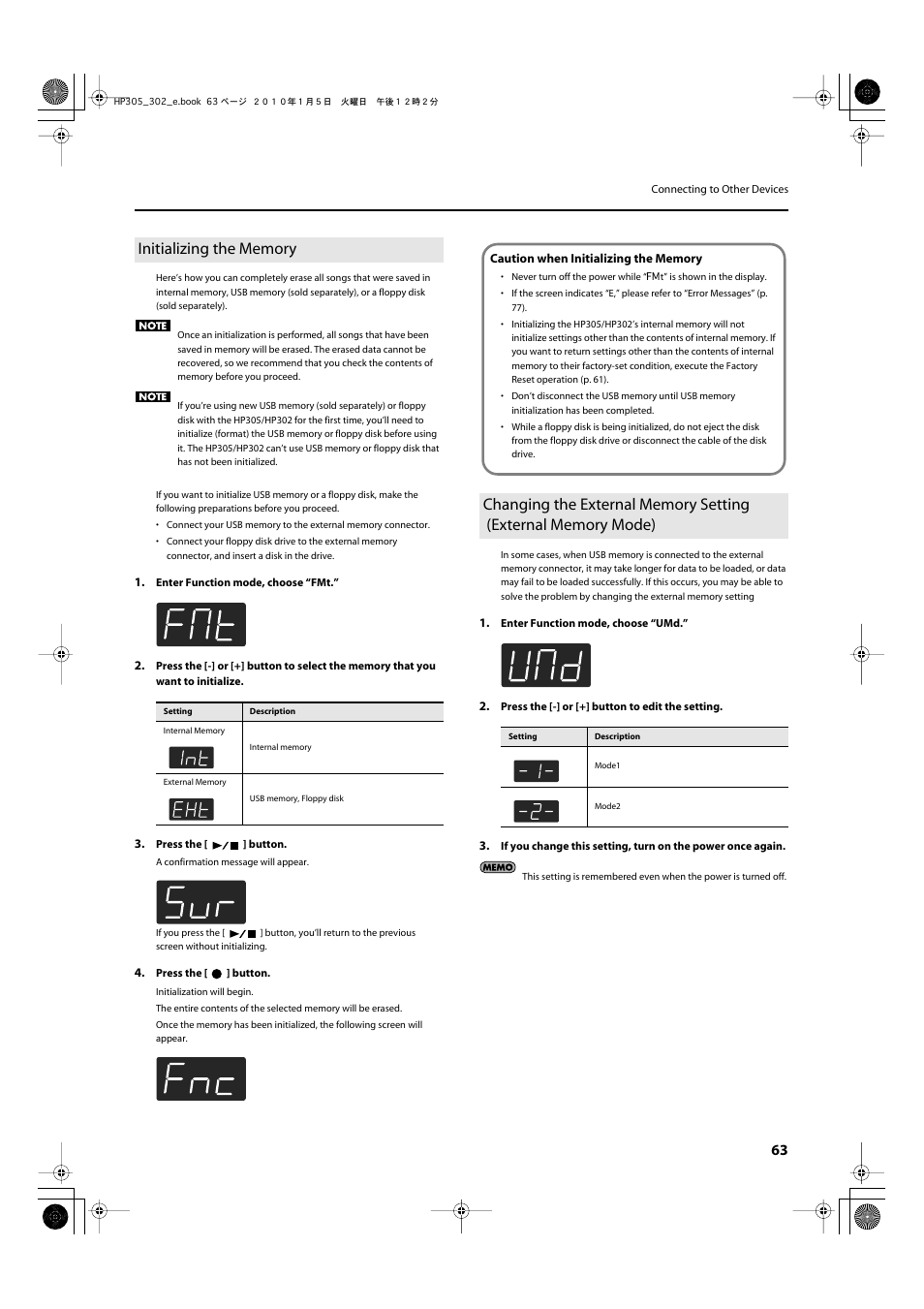 Initializing the memory, P. 63 | Roland HP305 User Manual | Page 61 / 92