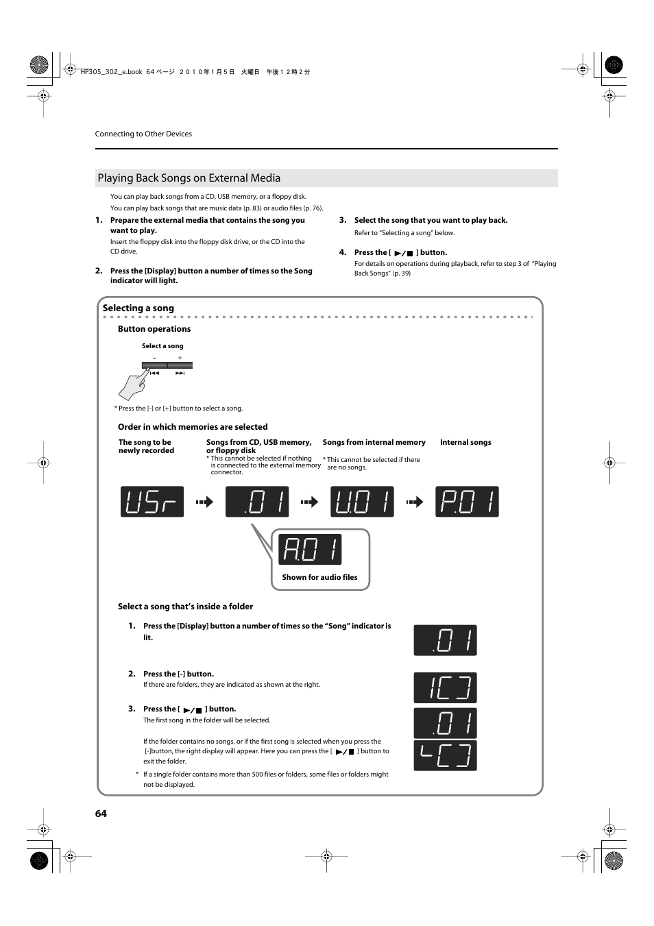 Playing back songs on external media | Roland HP305 User Manual | Page 62 / 92