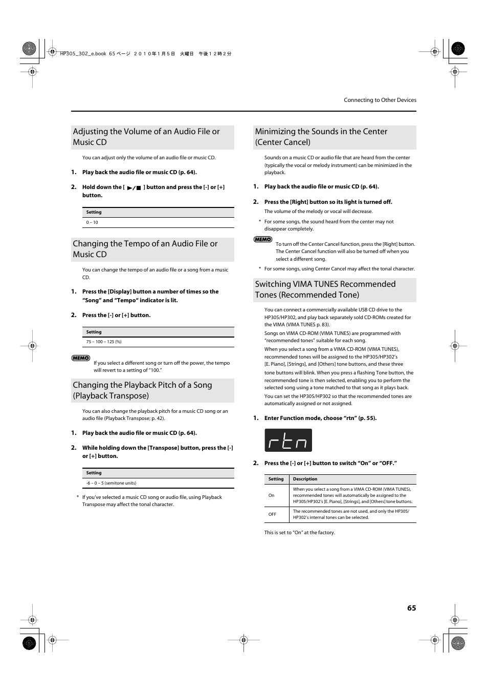 Adjusting the volume of an audio file or music cd, Changing the tempo of an audio file or music cd, P. 65 | Roland HP305 User Manual | Page 63 / 92