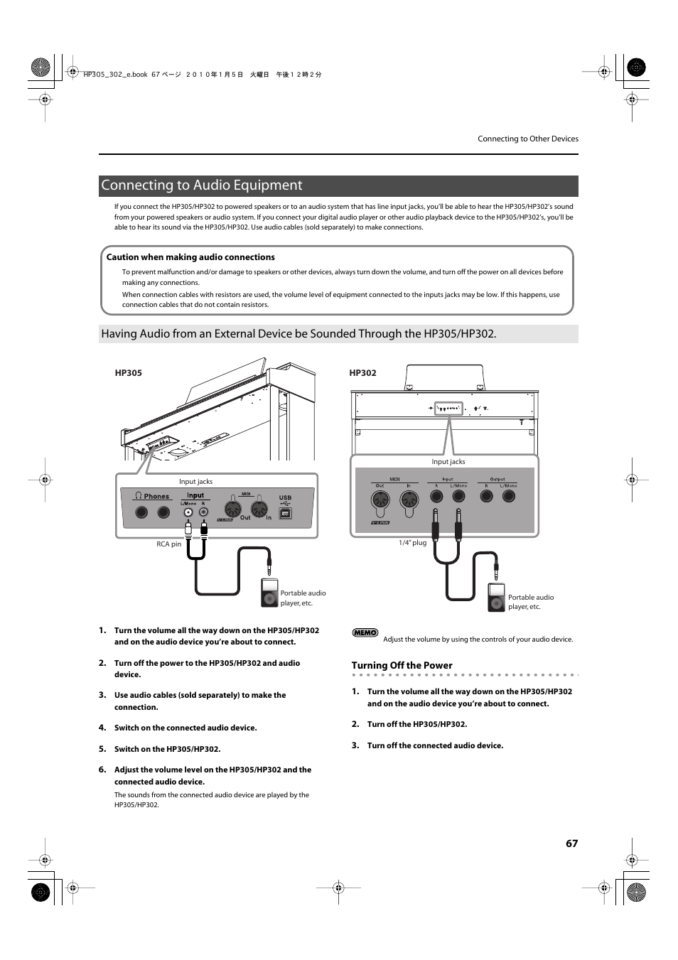 Connecting to audio equipment, Sound (p. 67), P. 67) | Roland HP305 User Manual | Page 65 / 92