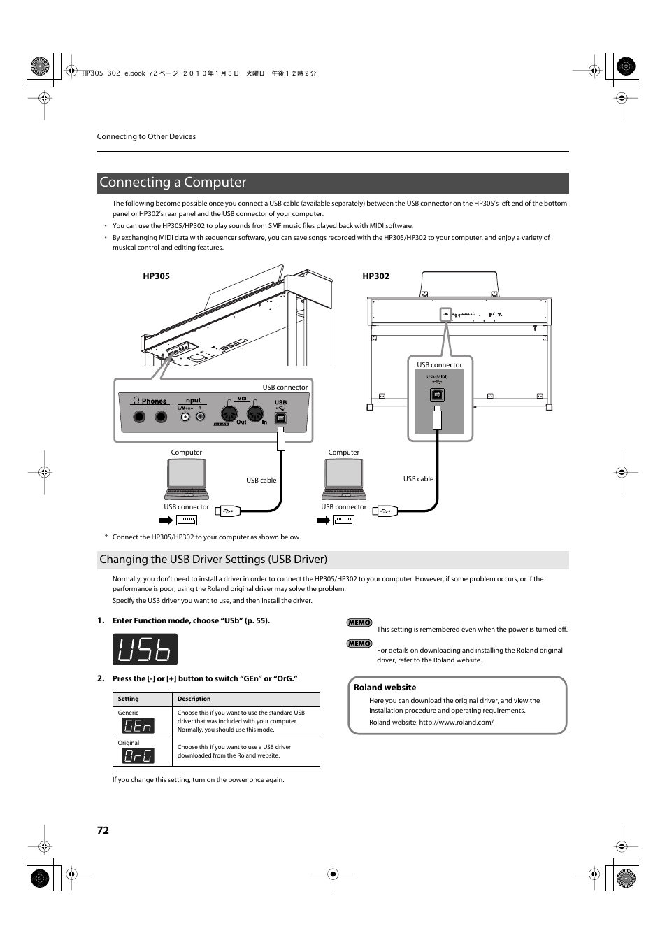 Connecting a computer, Changing the usb driver settings (usb driver), Transferring performance data (p. 72) | P. 72 | Roland HP305 User Manual | Page 70 / 92