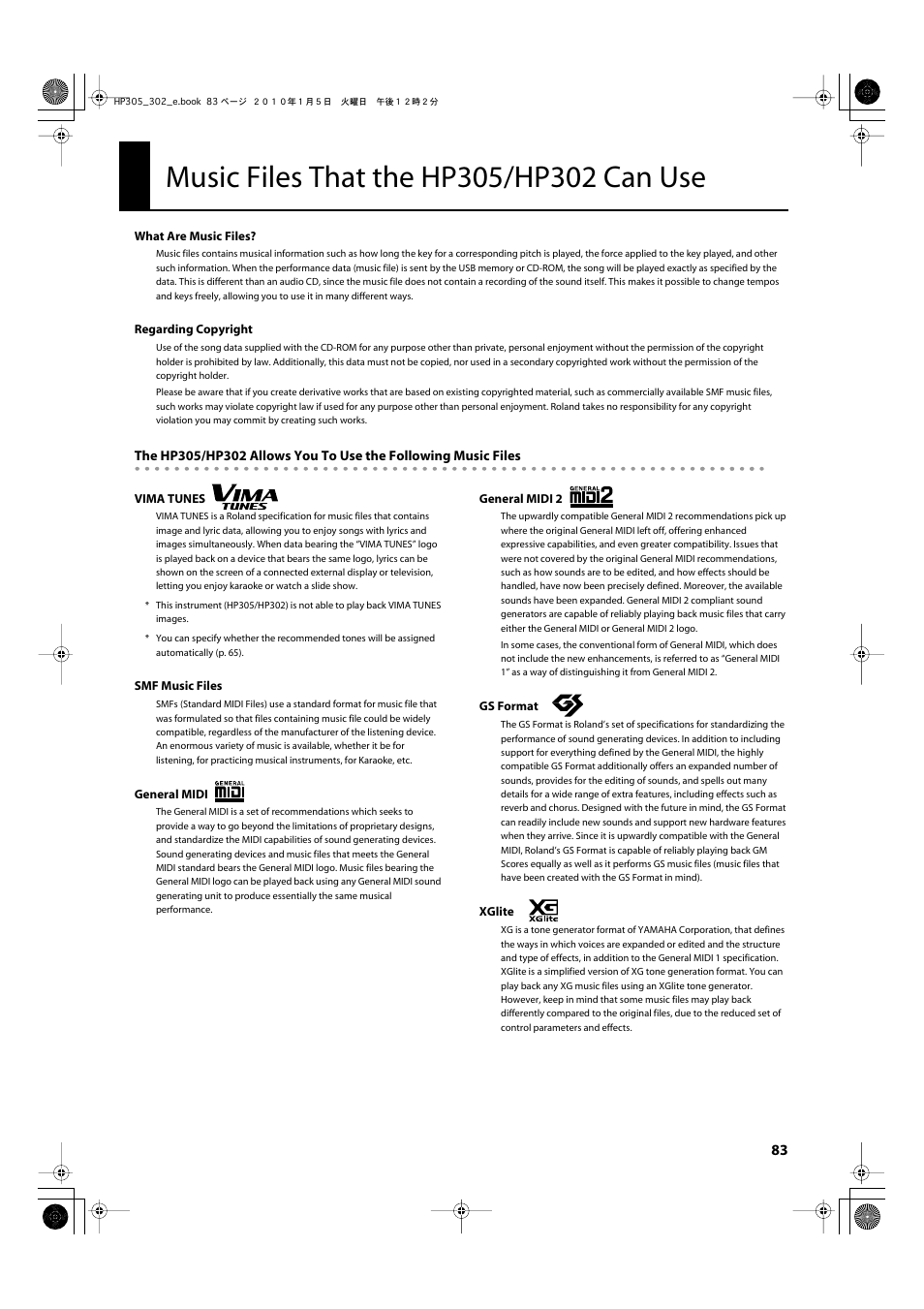 Music files that the hp305/hp302 can use, The vima (vima tunes p. 83) | Roland HP305 User Manual | Page 81 / 92