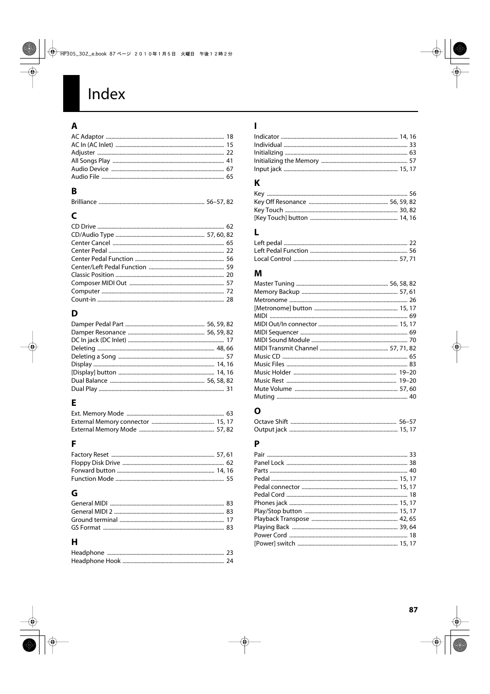 Index | Roland HP305 User Manual | Page 85 / 92