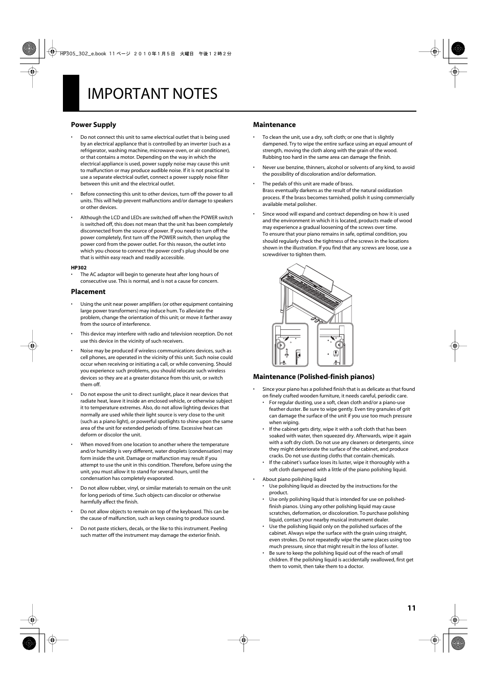 Important notes | Roland HP305 User Manual | Page 9 / 92