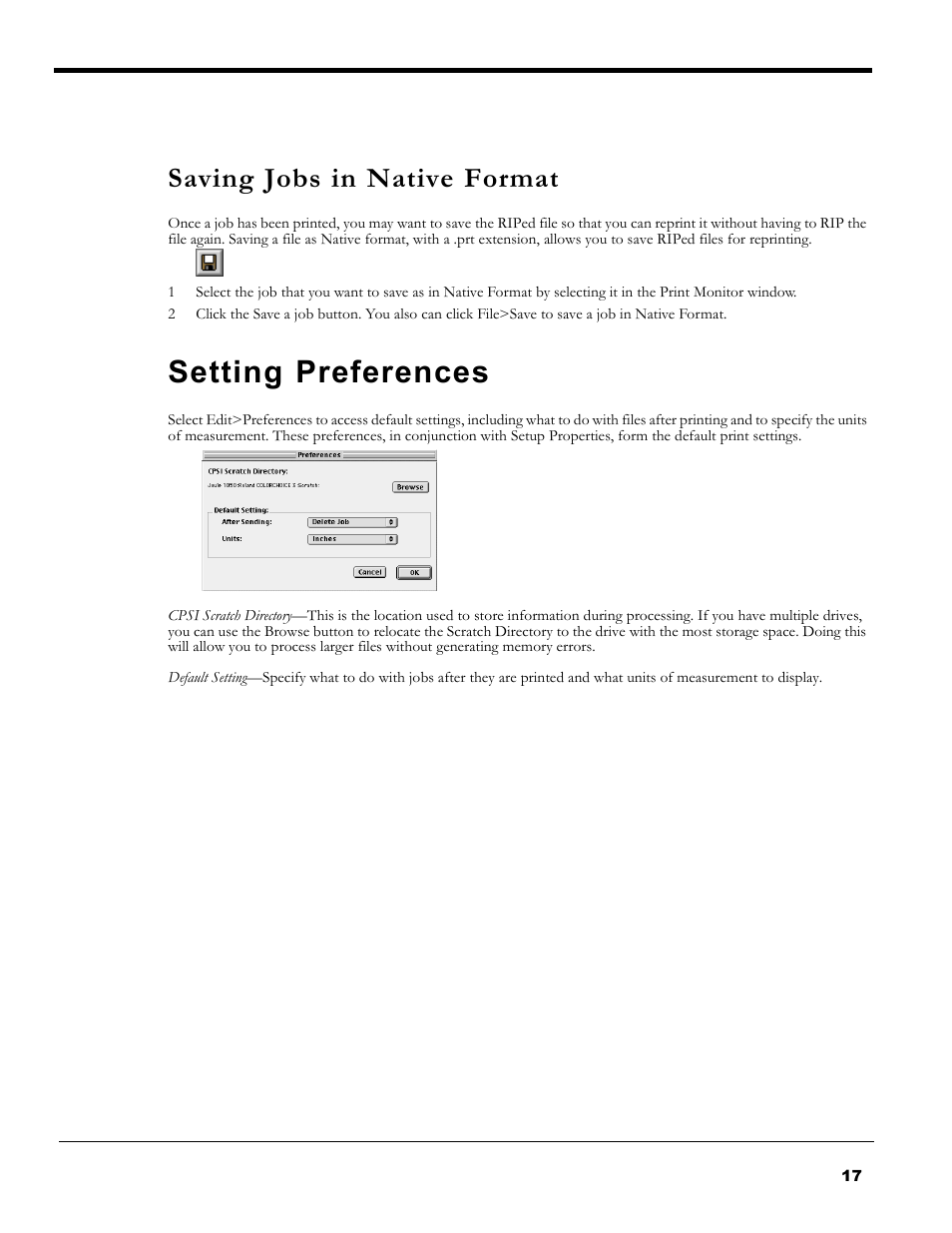 Saving jobs in native format, Setting preferences | Roland PC-600 User Manual | Page 17 / 36