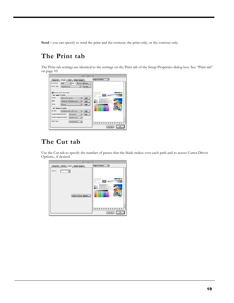 The print tab, The cut tab, The print tab the cut tab | Roland PC-600 User Manual | Page 19 / 36