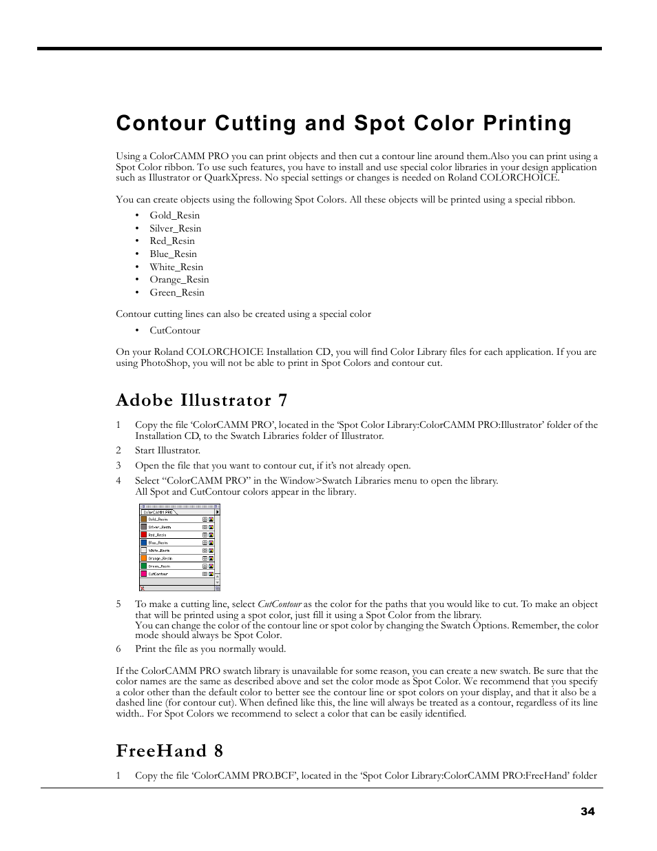 Contour cutting and spot color printing, Adobe illustrator 7, Freehand 8 | Adobe illustrator 7 freehand 8 | Roland PC-600 User Manual | Page 34 / 36