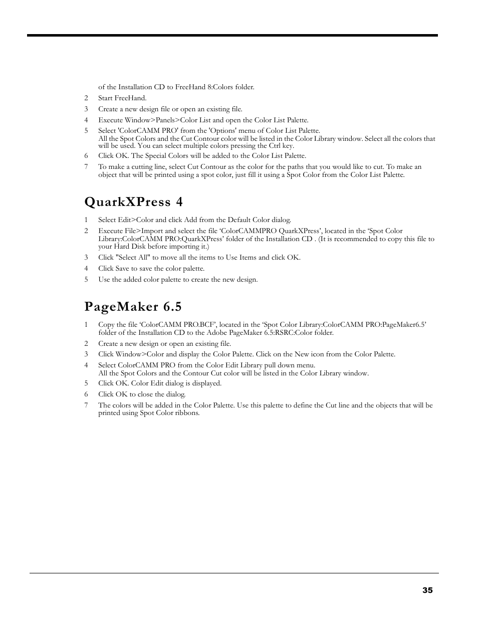 Quarkxpress 4, Pagemaker 6.5 | Roland PC-600 User Manual | Page 35 / 36