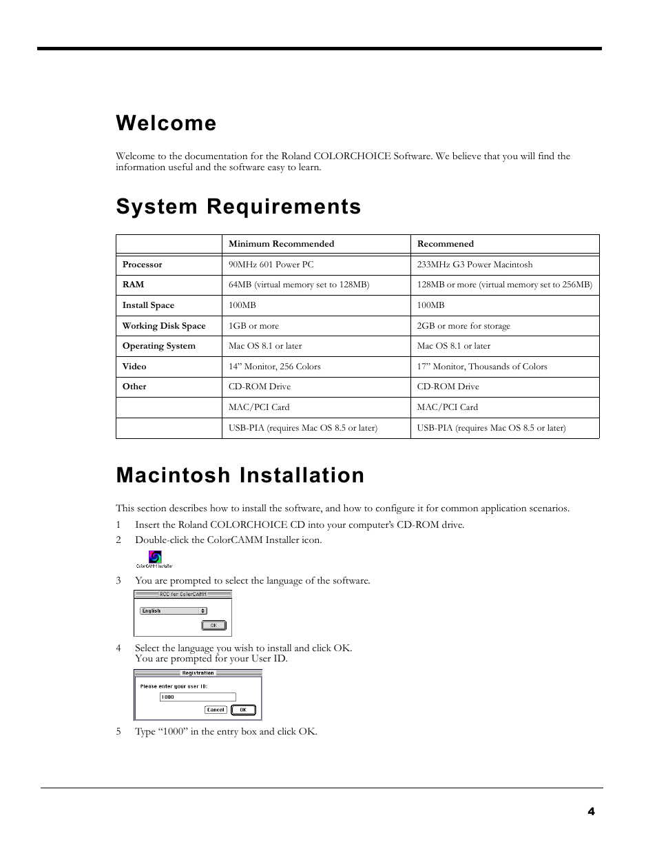 Welcome, System requirements, Macintosh installation | Welcome system requirements macintosh installation, System requirements macintosh installation | Roland PC-600 User Manual | Page 4 / 36