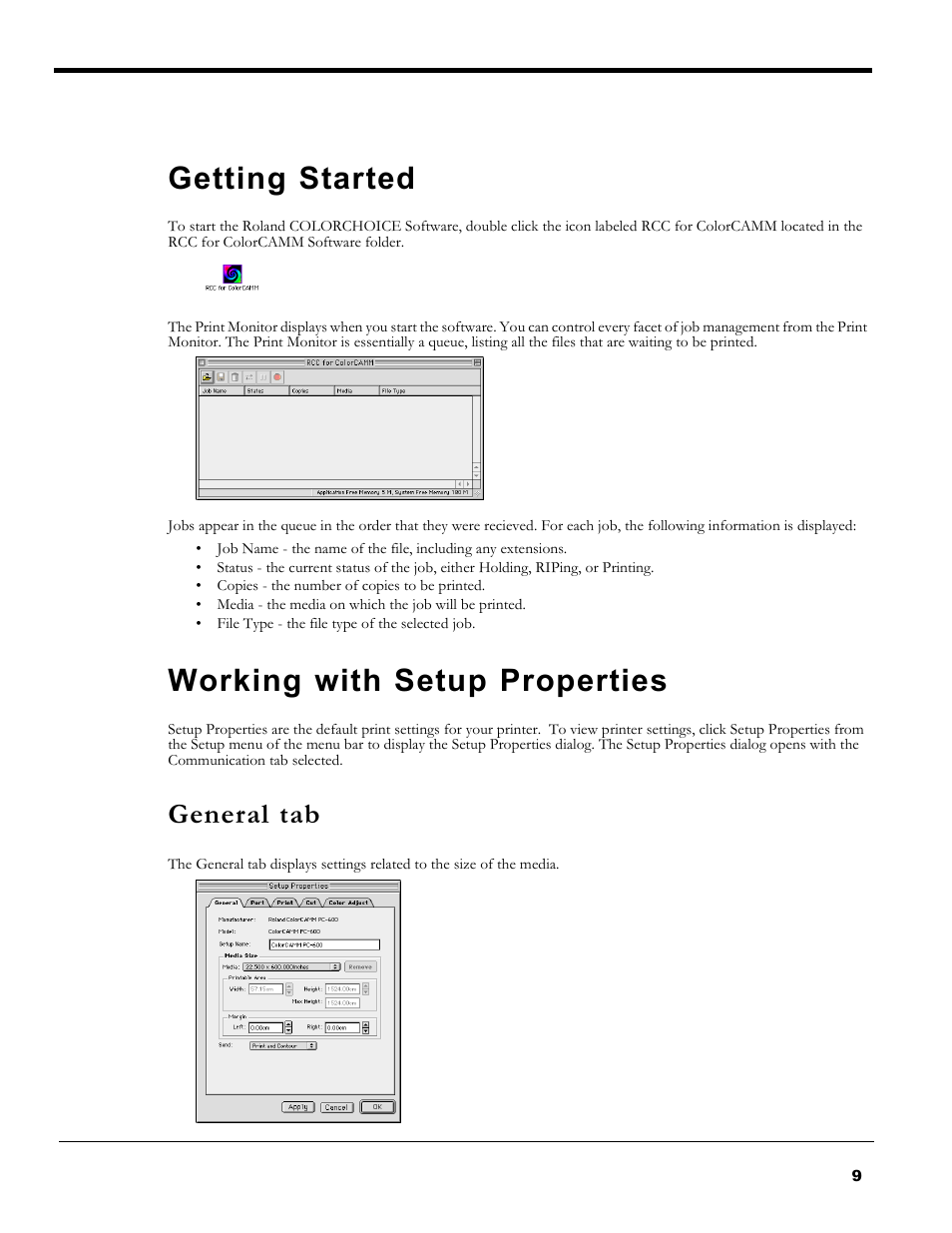 Getting started, Working with setup properties, General tab | Getting started working with setup properties | Roland PC-600 User Manual | Page 9 / 36