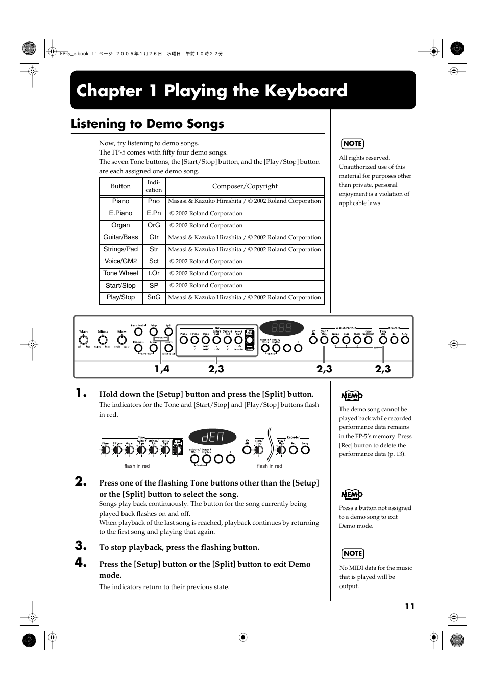 Chapter 1 playing the keyboard, Listening to demo songs, Split] button to listen demo song (p. 11) | Roland FP-5 User Manual | Page 11 / 80