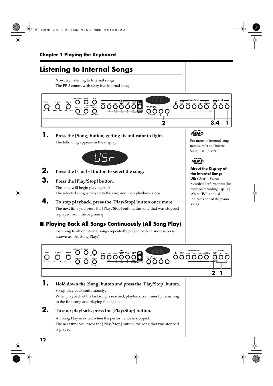 Listening to internal songs, Performances (p. 12), For selecting internal songs (p. 12) | Roland FP-5 User Manual | Page 12 / 80
