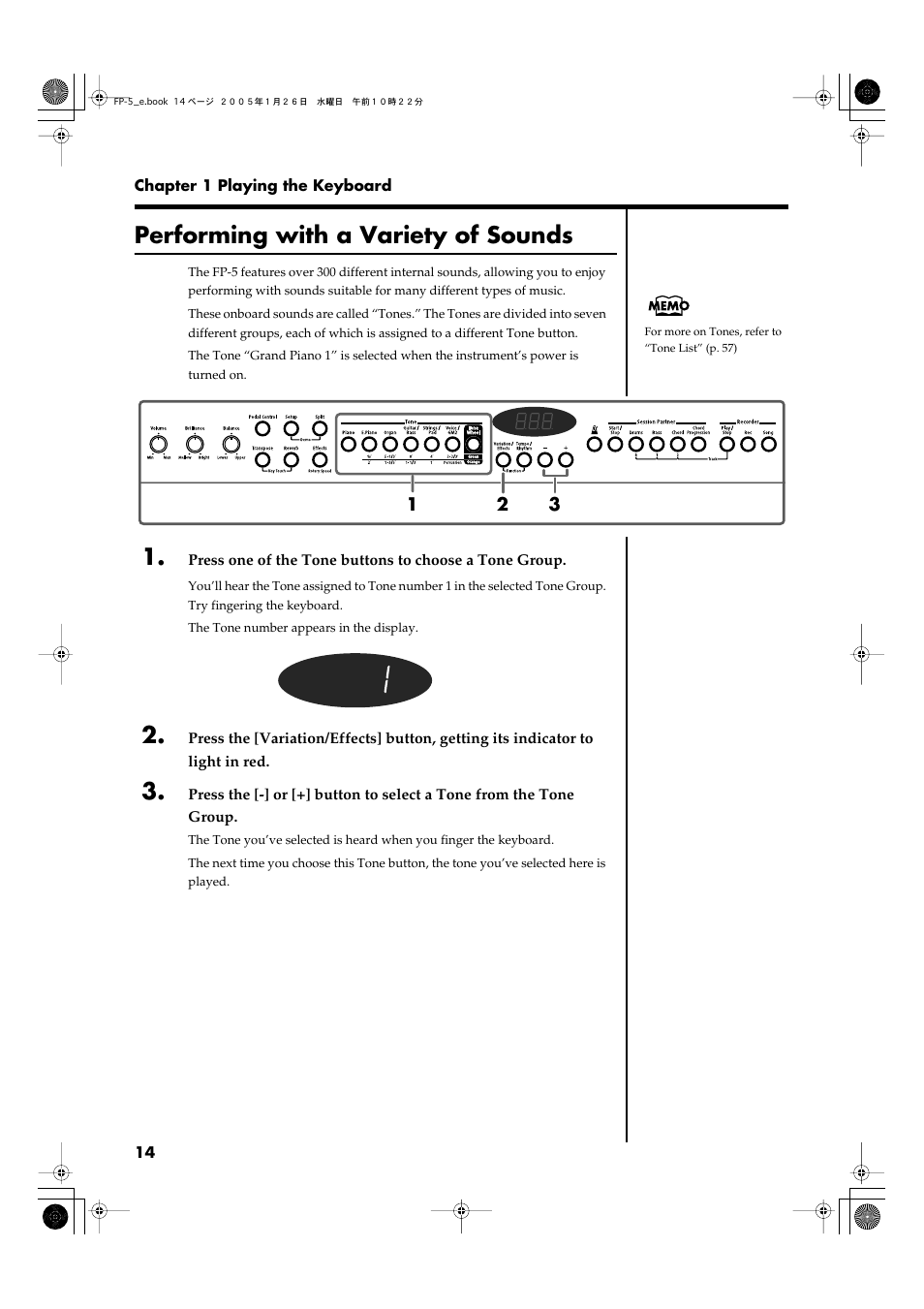 Performing with a variety of sounds, Played by the keyboard (p. 14) | Roland FP-5 User Manual | Page 14 / 80