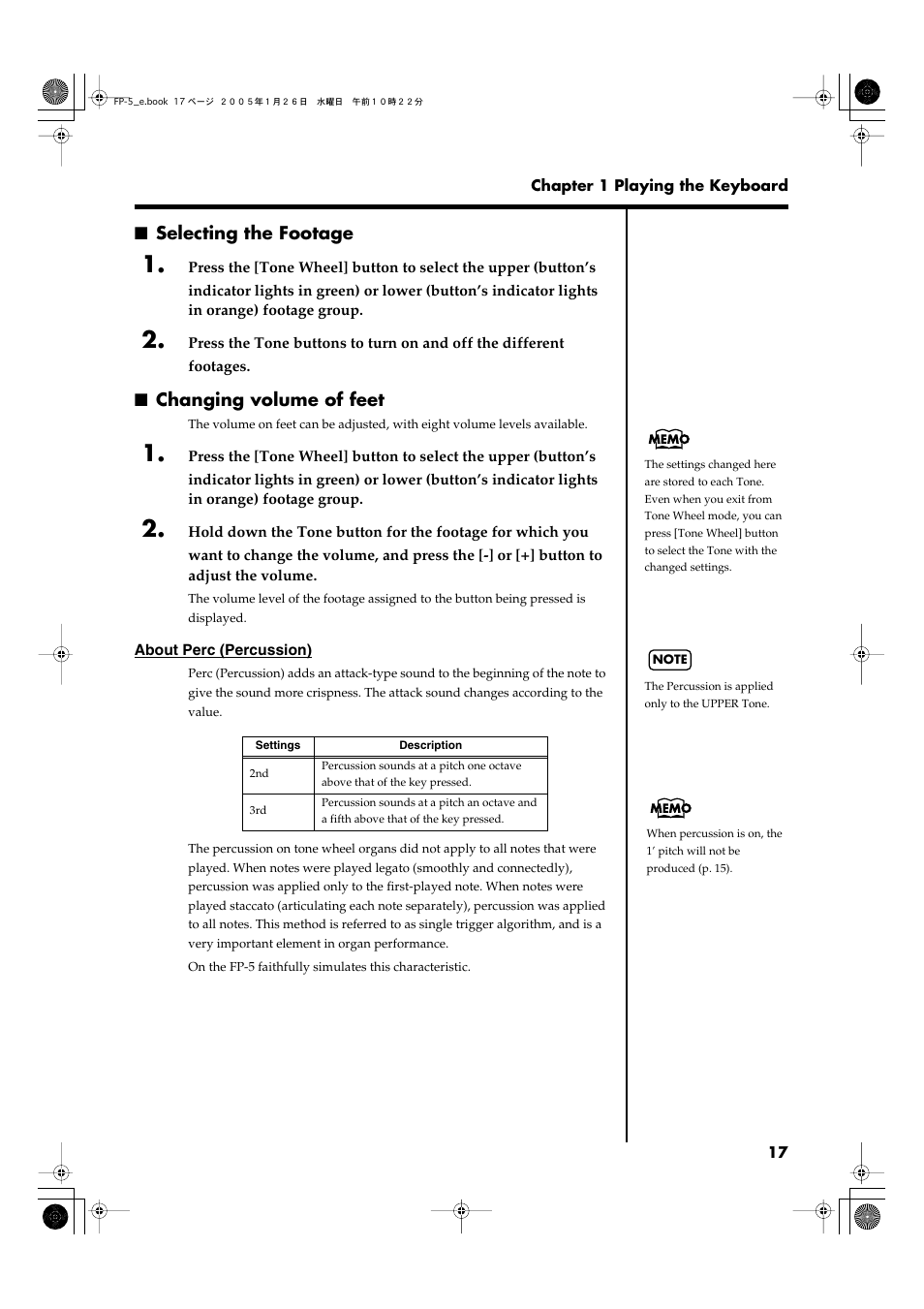 Selecting the footage, Changing volume of feet, Selecting the footage changing volume of feet | Wheel mode (p. 17) | Roland FP-5 User Manual | Page 17 / 80