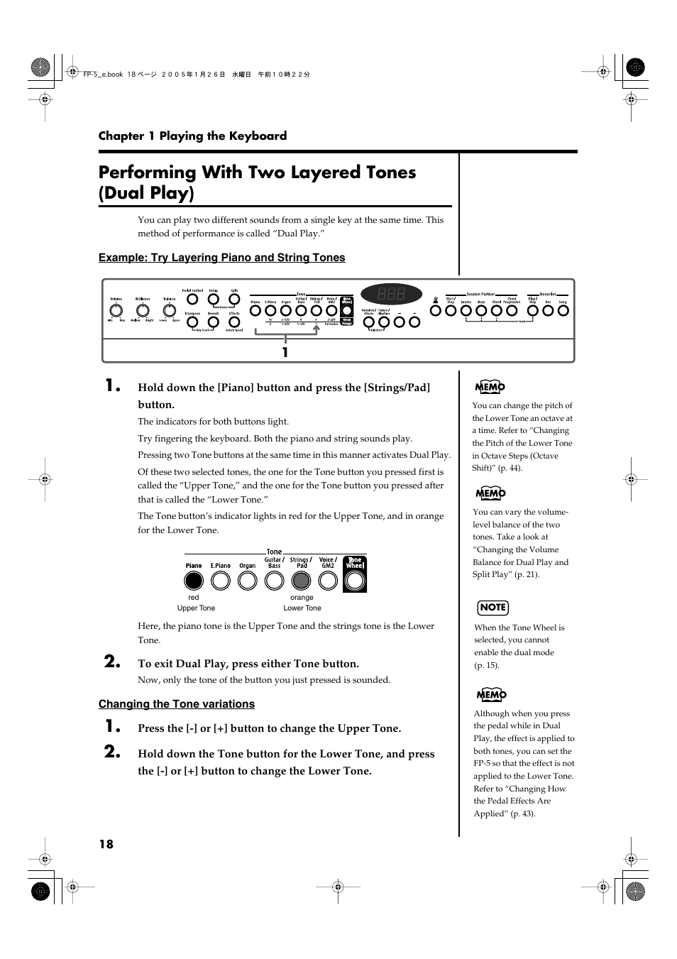 Performing with two layered tones (dual play) | Roland FP-5 User Manual | Page 18 / 80