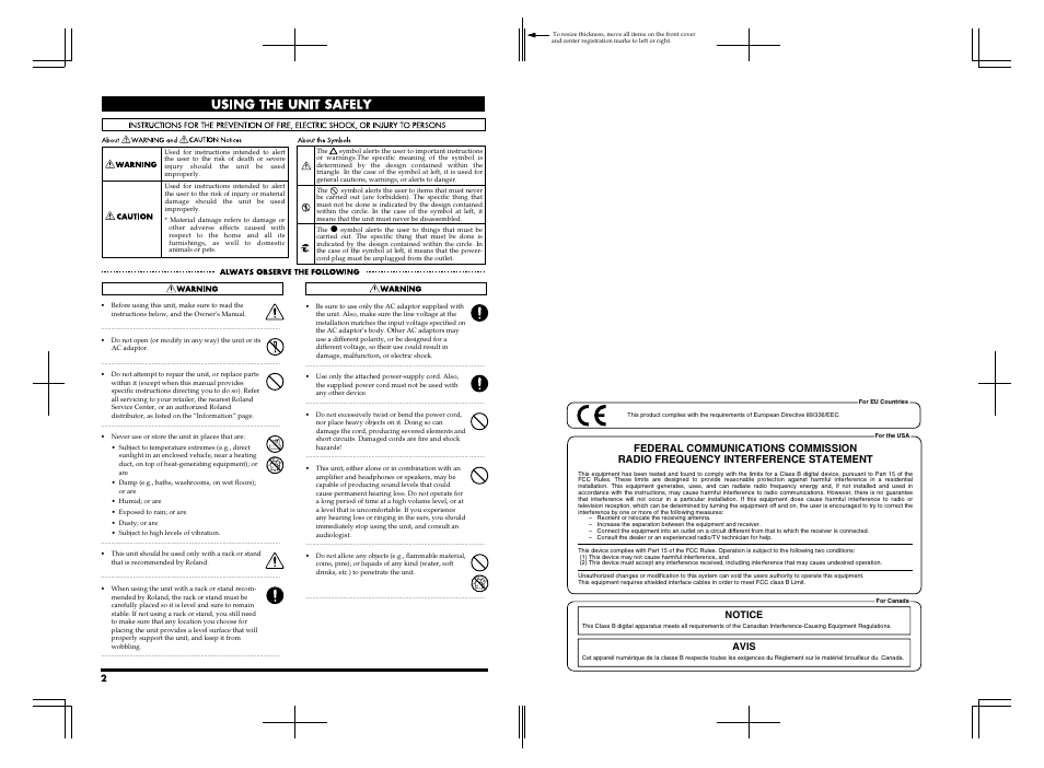 Using the unit safely, Notice avis | Roland FP-5 User Manual | Page 2 / 80