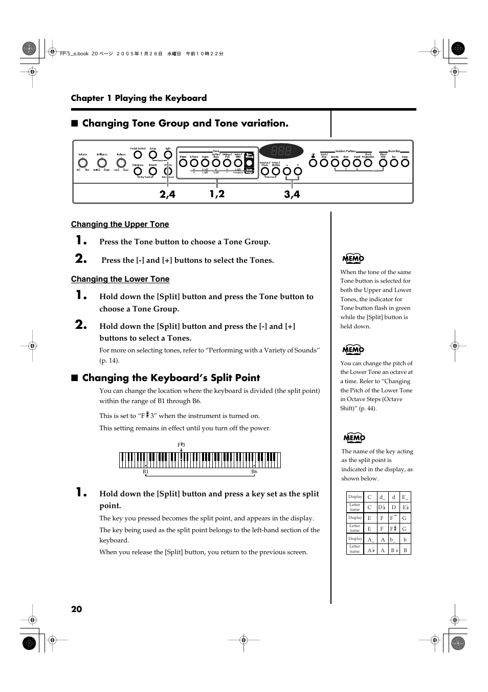 Changing tone group and tone variation, Changing the keyboard’s split point | Roland FP-5 User Manual | Page 20 / 80