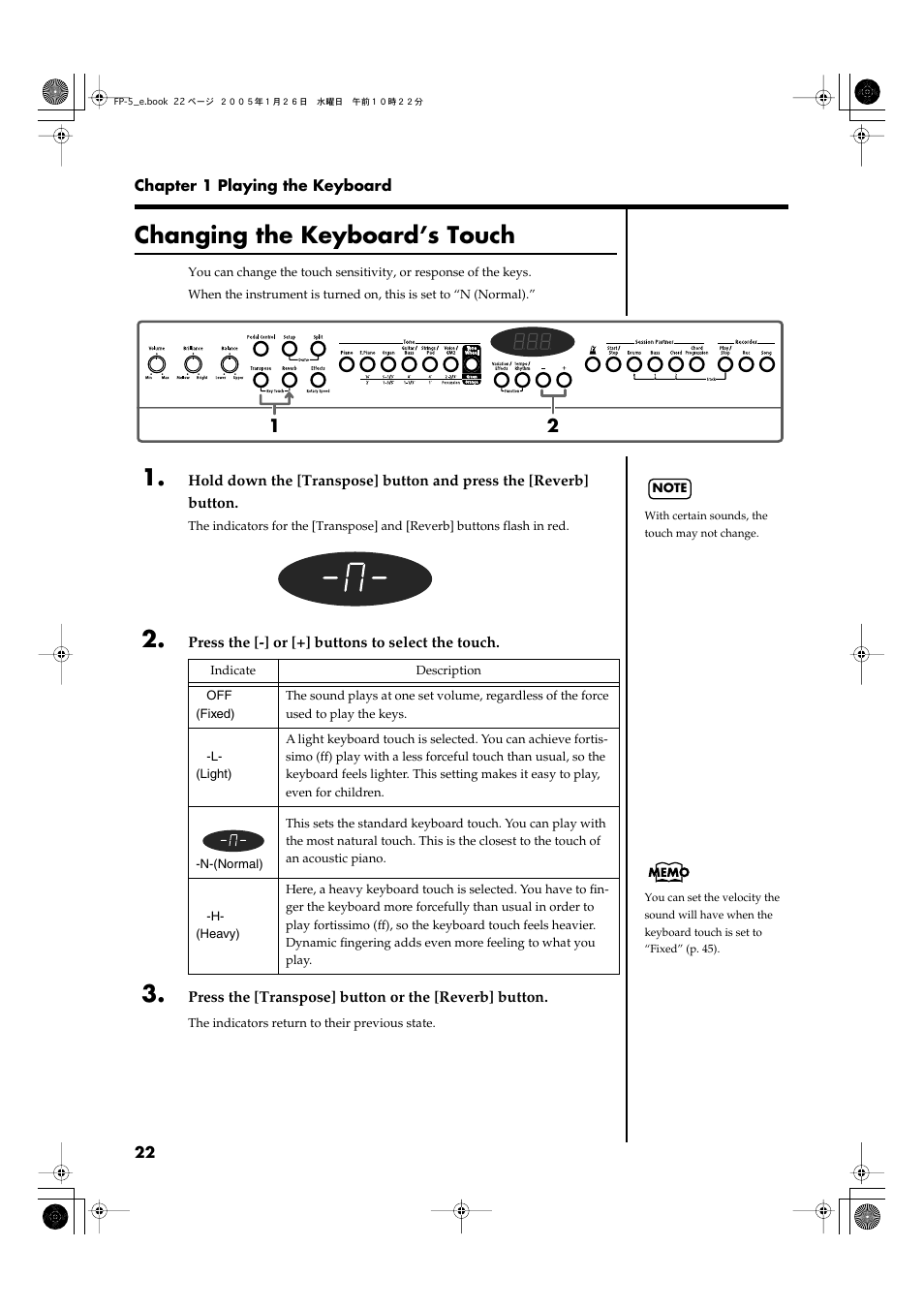 Changing the keyboard’s touch, P. 22) | Roland FP-5 User Manual | Page 22 / 80