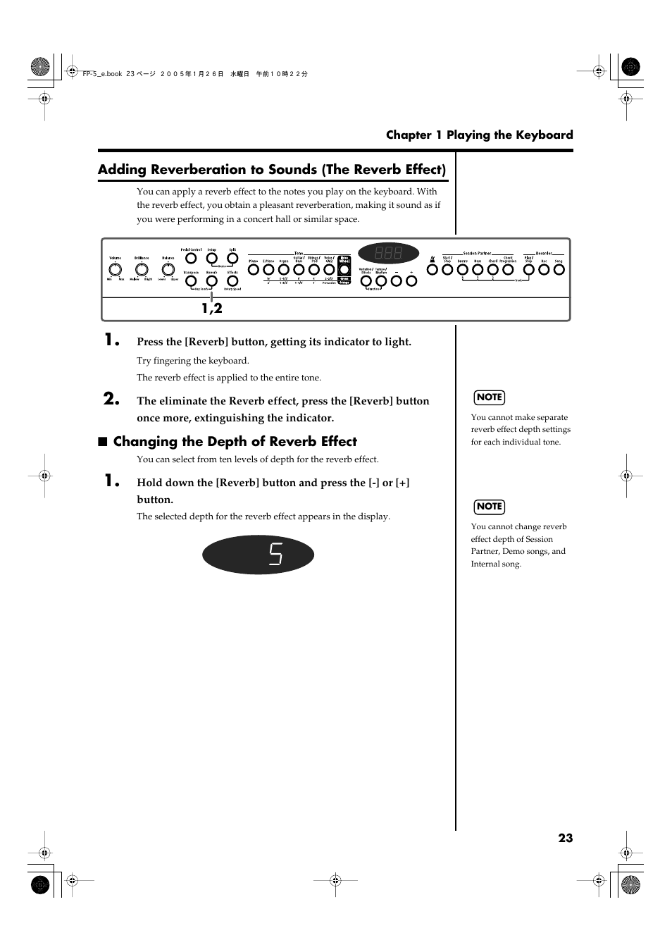 Adding reverberation to sounds (the reverb effect), Changing the depth of reverb effect, Concert hall to what you play (p. 23) | Roland FP-5 User Manual | Page 23 / 80