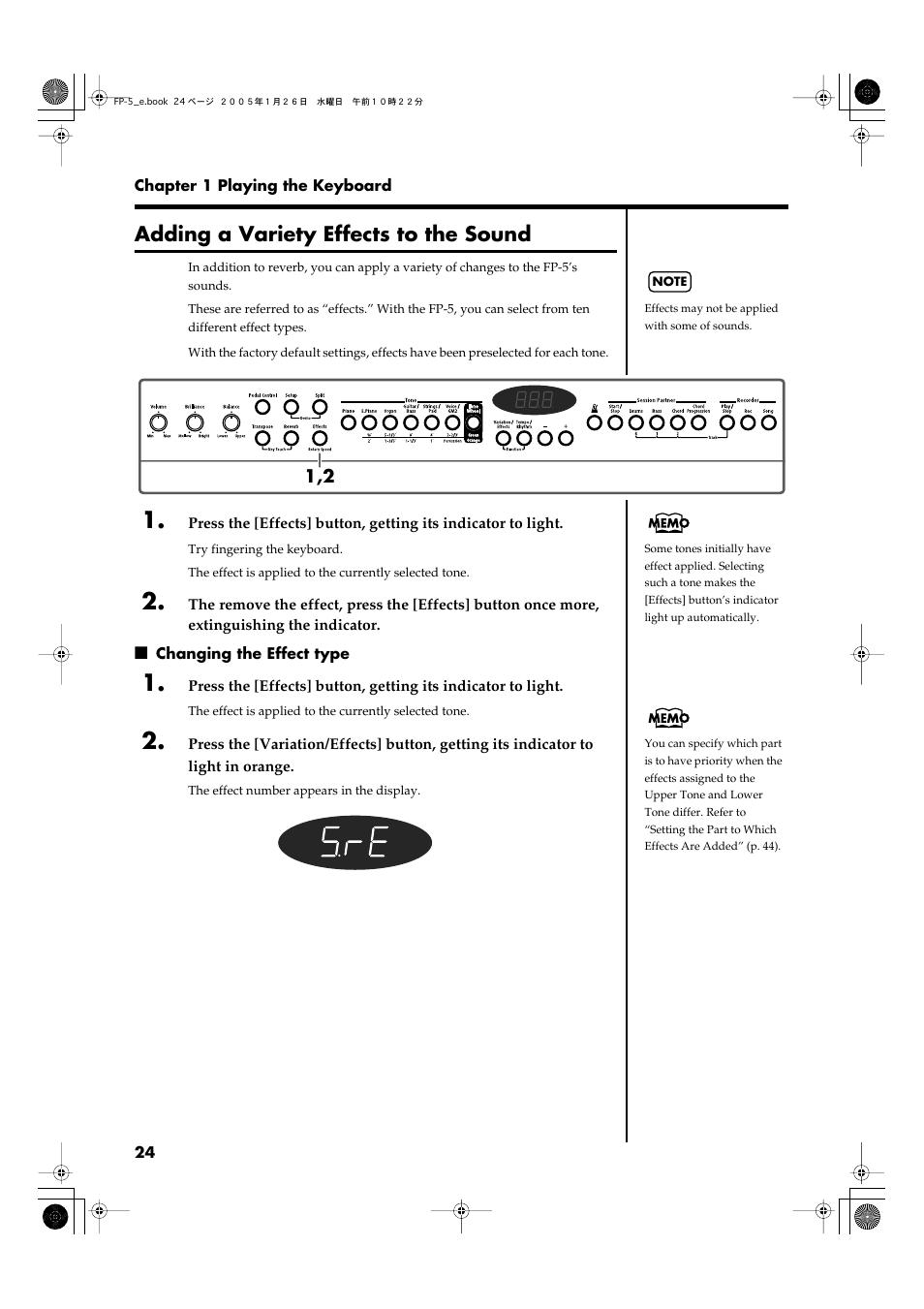 Adding a variety effects to the sound, Changing the effect type, P. 24) | Roland FP-5 User Manual | Page 24 / 80