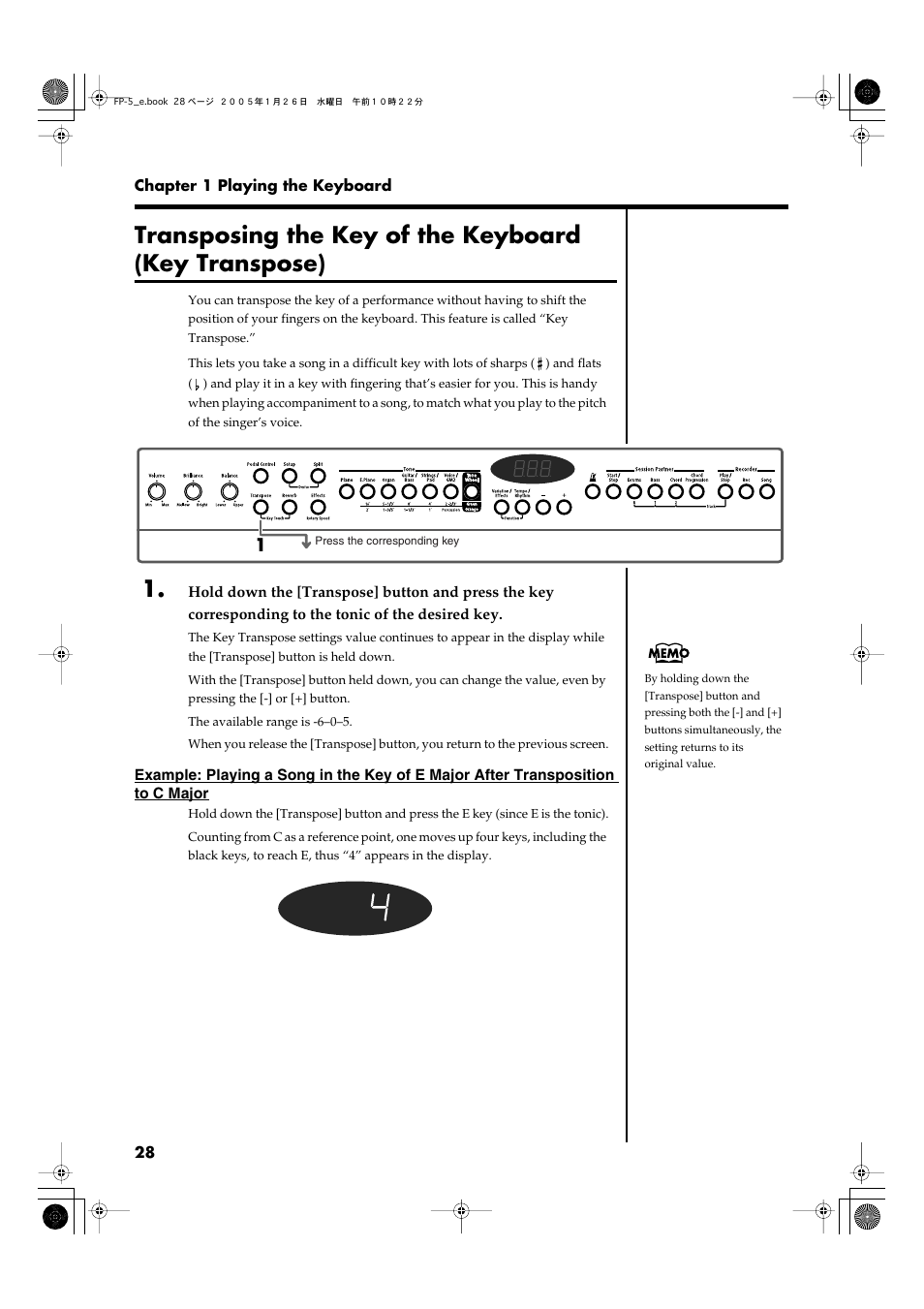 Transposes the pitch of the keyboard (p. 28) | Roland FP-5 User Manual | Page 28 / 80