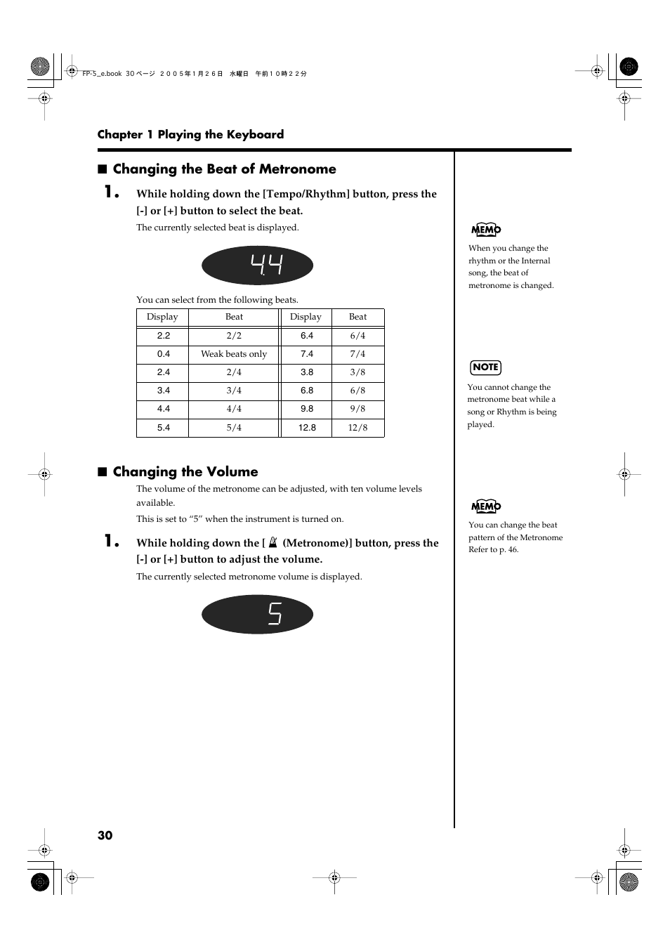 Changing the beat of metronome, Changing the volume, Changing the beat of metronome changing the volume | Roland FP-5 User Manual | Page 30 / 80