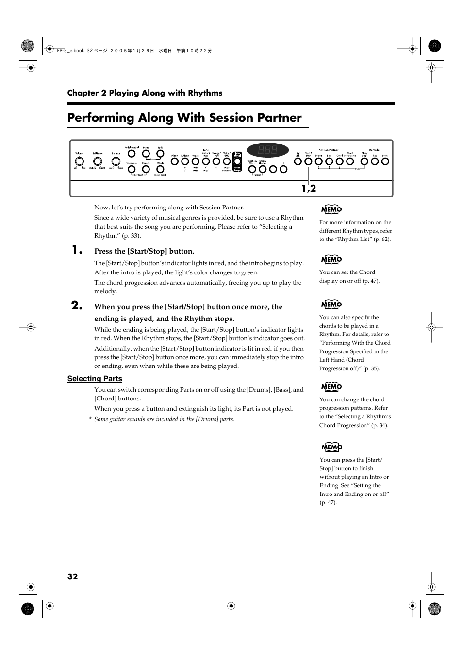 Performing along with session partner, Switches session partner start or stop (p. 32) | Roland FP-5 User Manual | Page 32 / 80