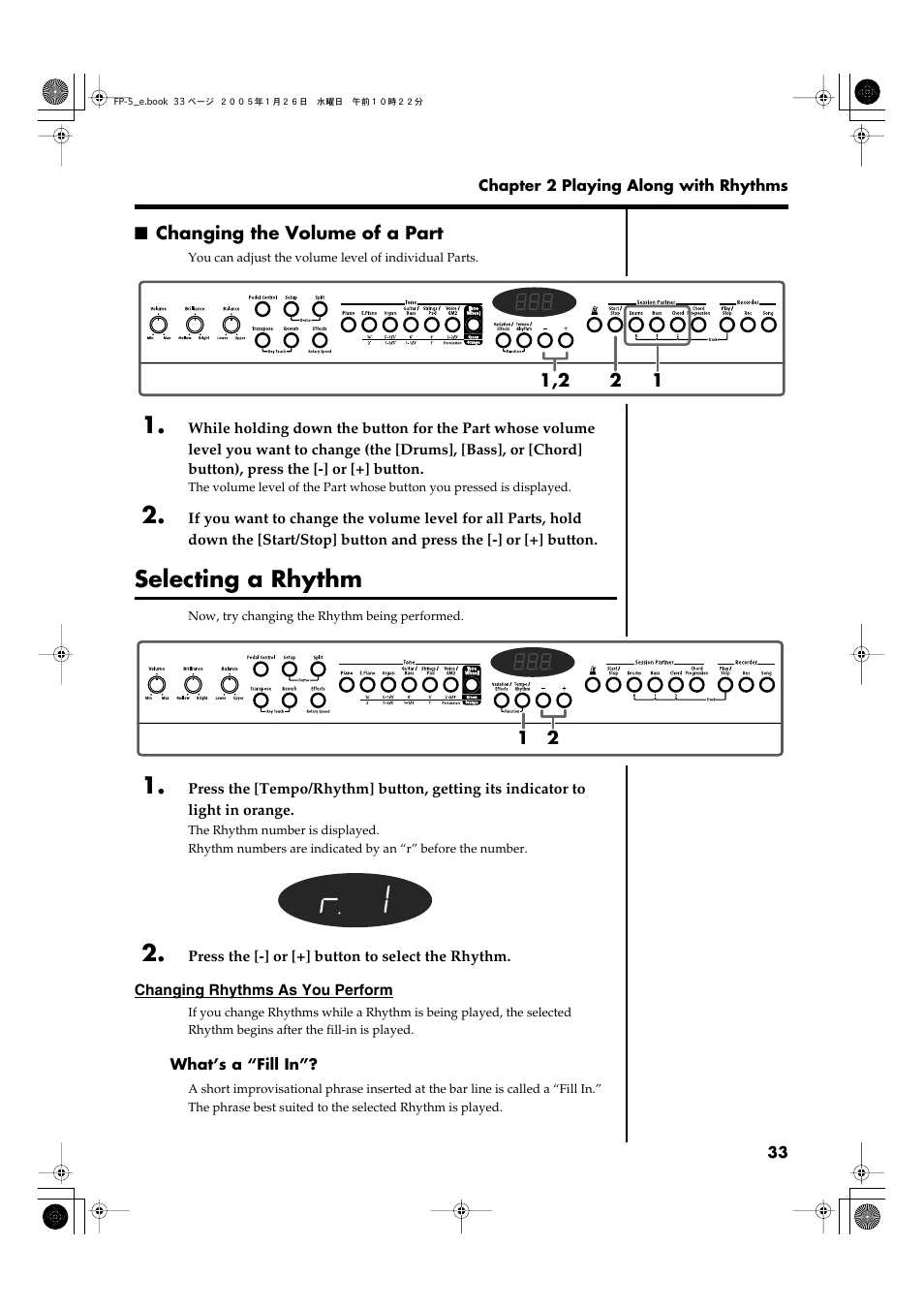 Changing the volume of a part, Selecting a rhythm, Different rhythm types, refer | Roland FP-5 User Manual | Page 33 / 80