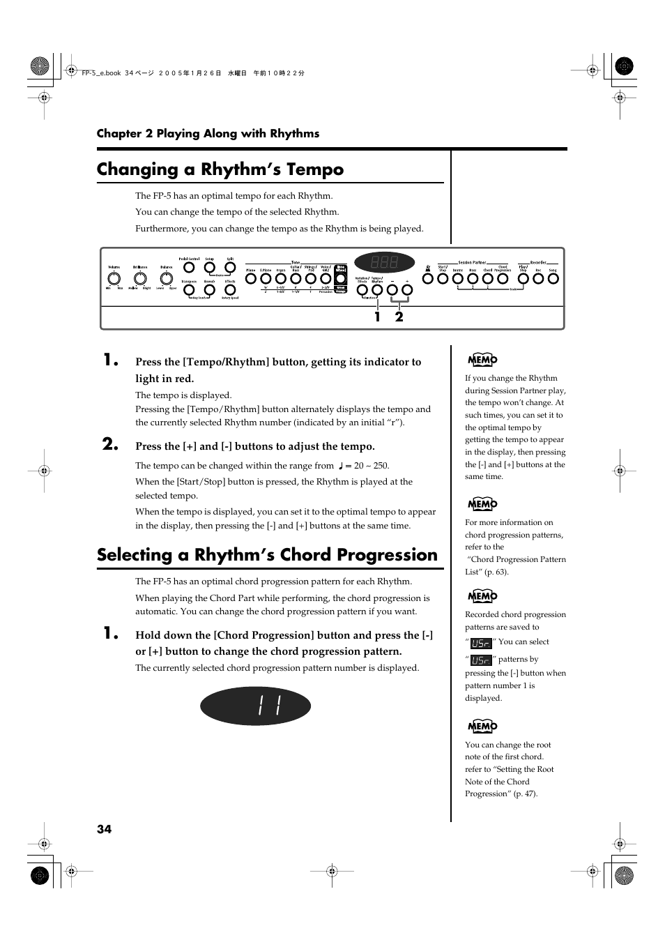 Changing a rhythm’s tempo, Selecting a rhythm’s chord progression | Roland FP-5 User Manual | Page 34 / 80