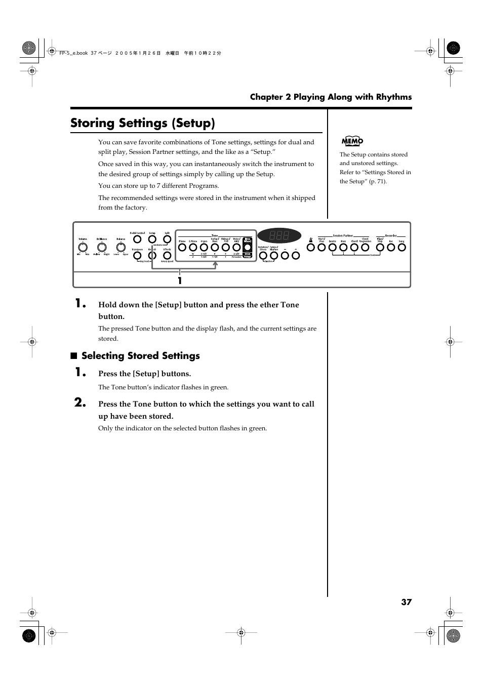 Storing settings (setup), Selecting stored settings | Roland FP-5 User Manual | Page 37 / 80