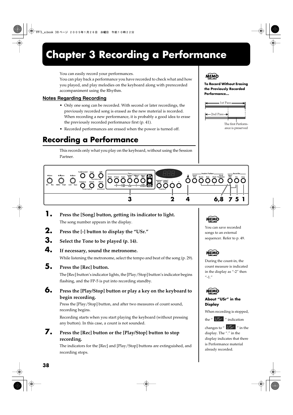 Chapter 3 recording a performance, Recording a performance, Performances (p. 38) | Roland FP-5 User Manual | Page 38 / 80