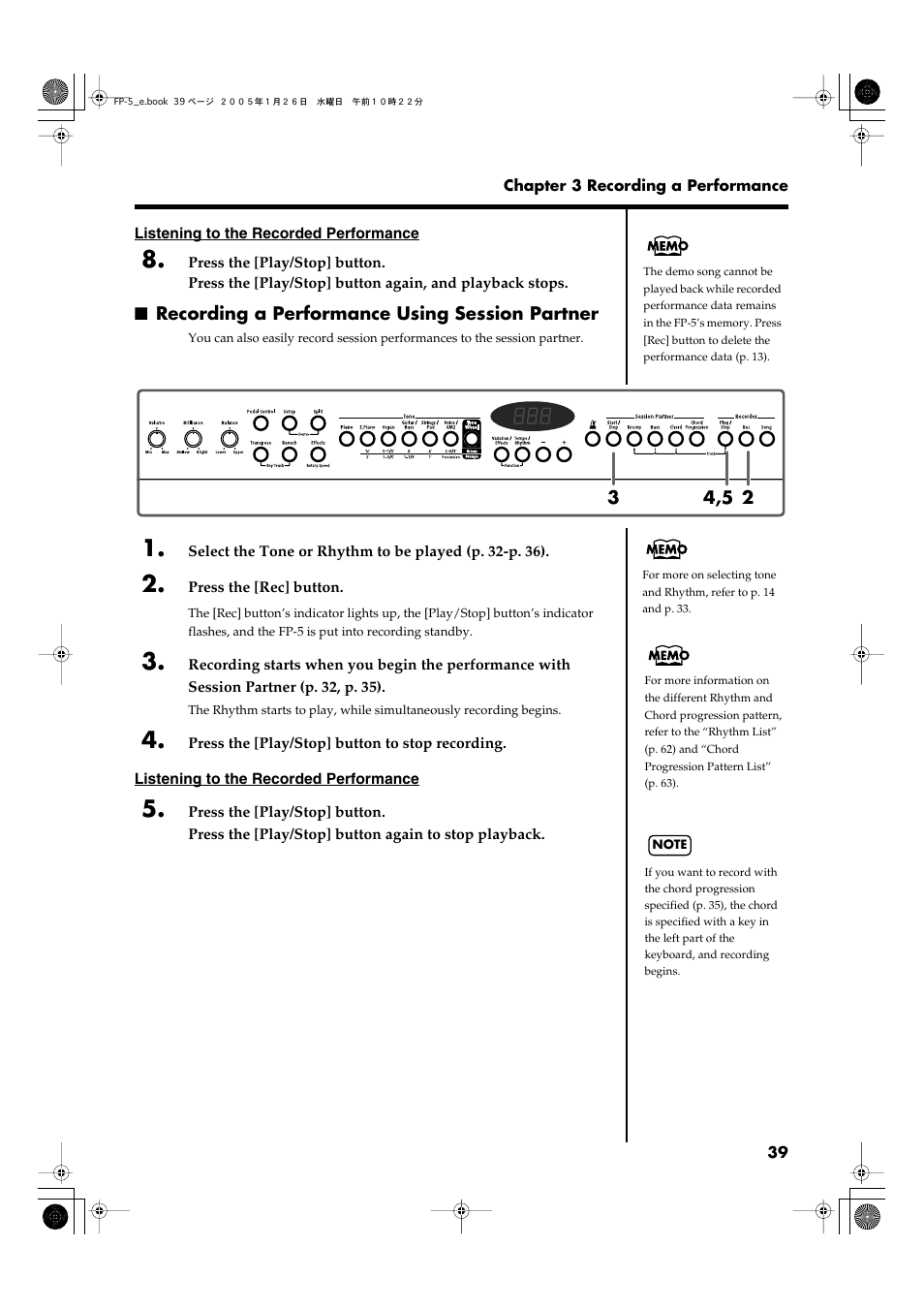 Recording a performance using session partner | Roland FP-5 User Manual | Page 39 / 80