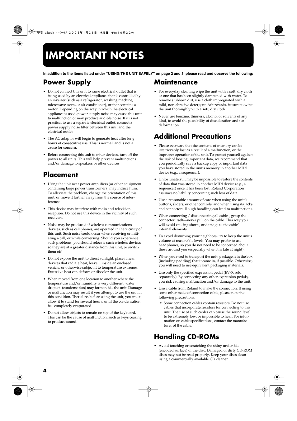 Important notes, Power supply, Placement | Maintenance, Additional precautions, Handling cd-roms | Roland FP-5 User Manual | Page 4 / 80