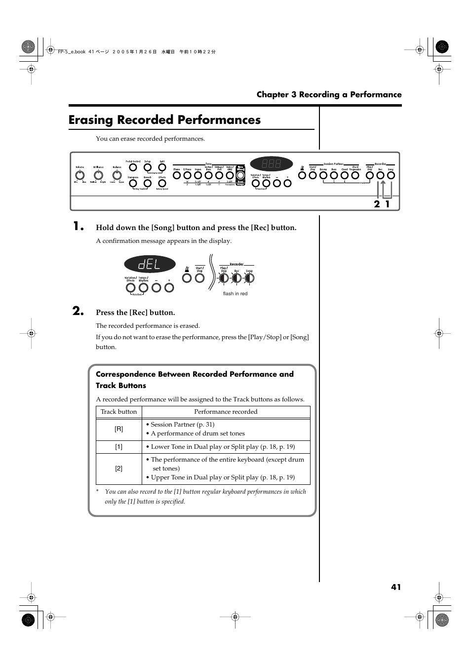 Erasing recorded performances, The previously recorded performance first (p. 41) | Roland FP-5 User Manual | Page 41 / 80