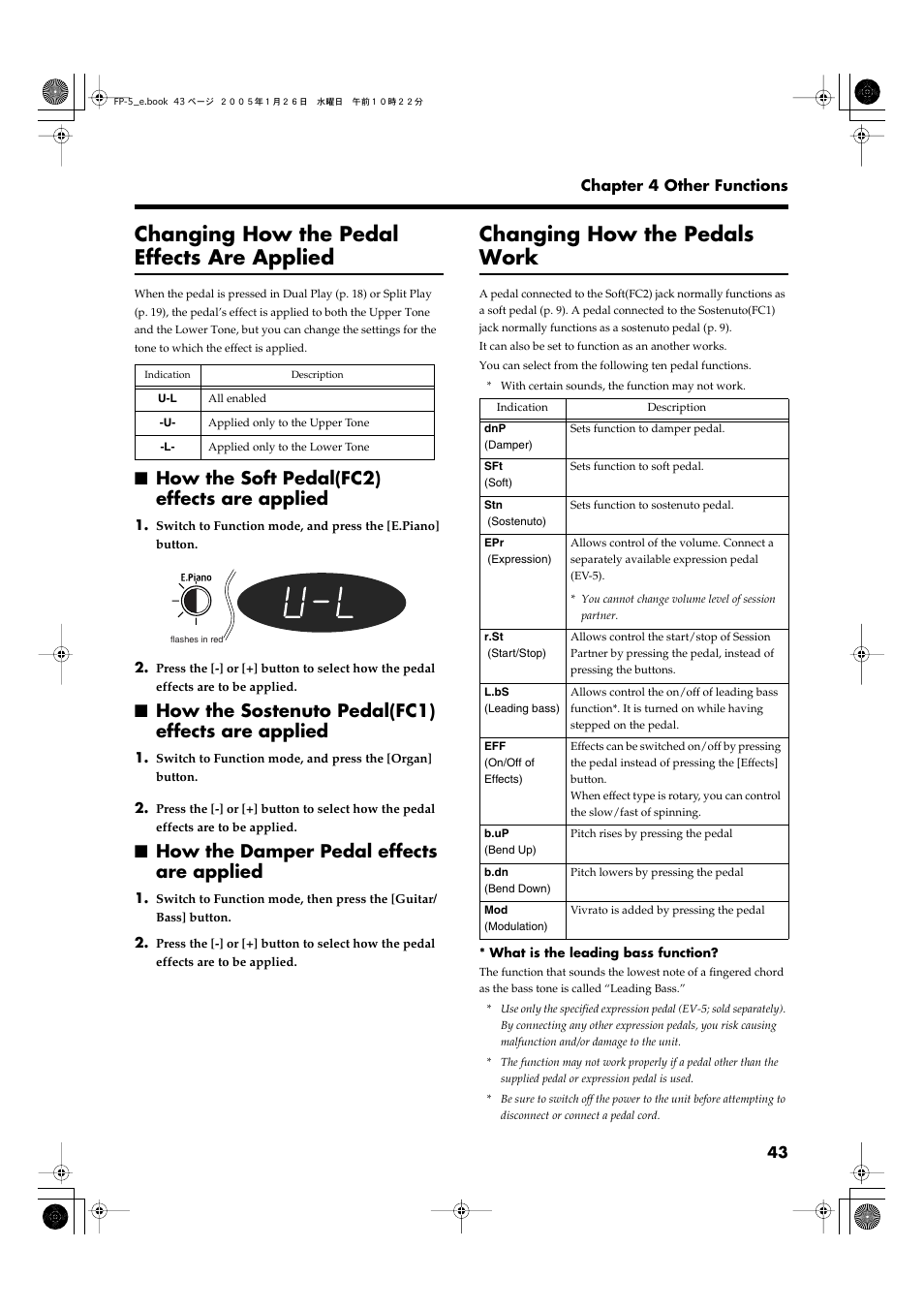 Changing how the pedal effects are applied, How the soft pedal(fc2) effects are applied, How the sostenuto pedal(fc1) effects are applied | How the damper pedal effects are applied, Changing how the pedals work, Function as an another works (p. 43, p. 52), Another works (p. 43, p. 52), P. 43 | Roland FP-5 User Manual | Page 43 / 80