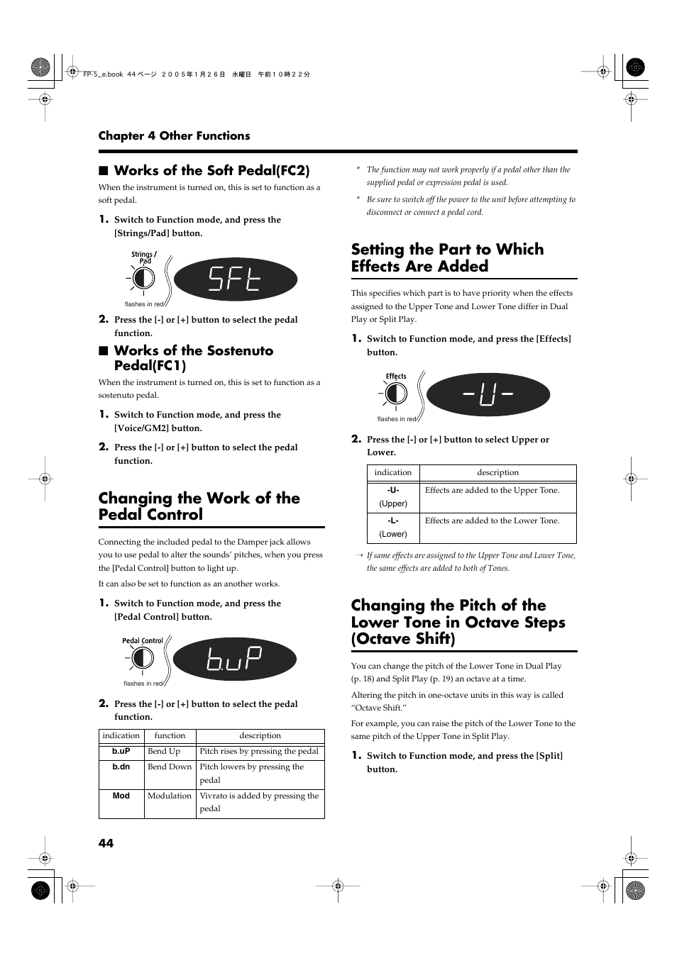 Works of the soft pedal(fc2), Works of the sostenuto pedal(fc1), Changing the work of the pedal control | Setting the part to which effects are added, P. 44 | Roland FP-5 User Manual | Page 44 / 80