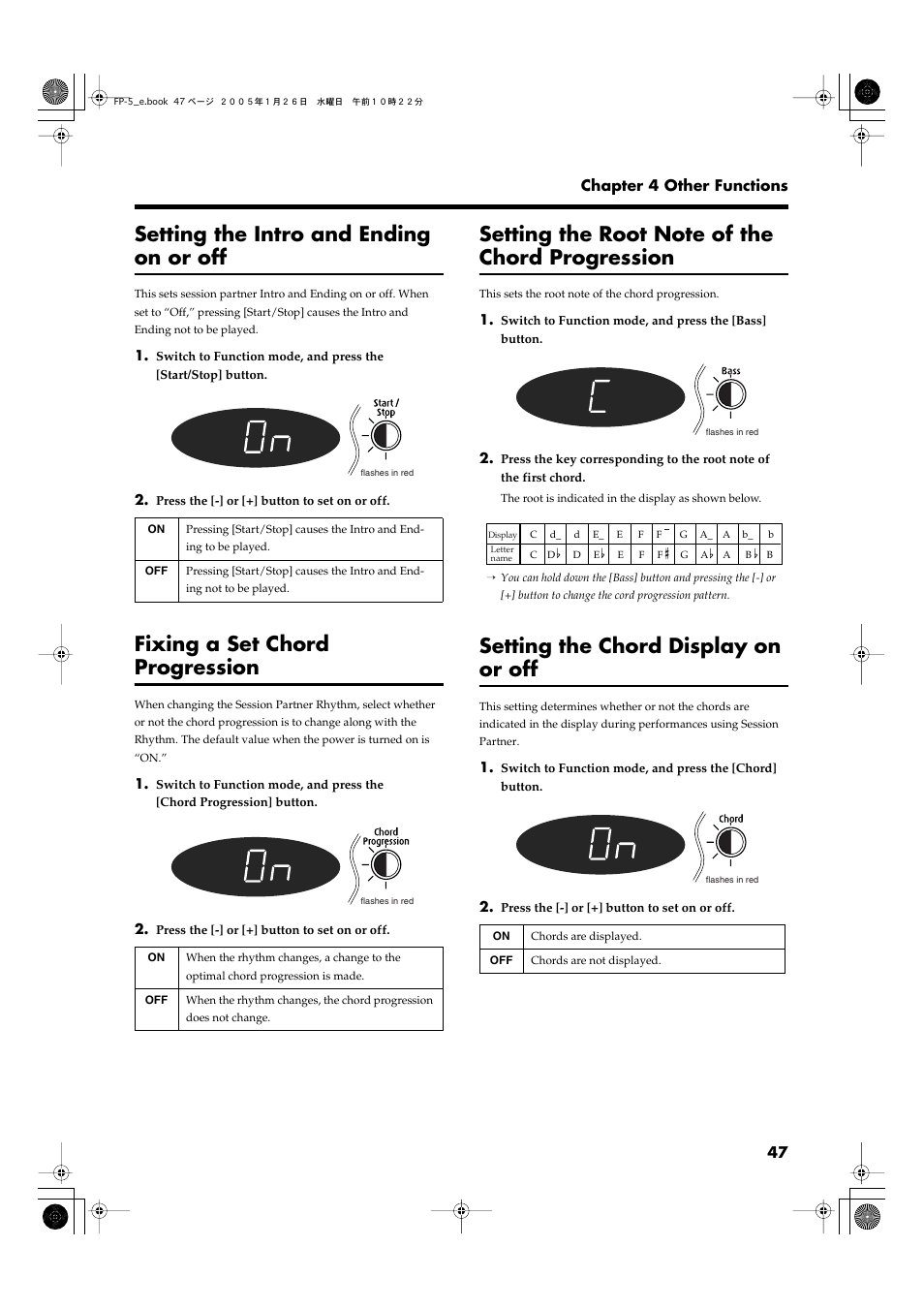 Setting the intro and ending on or off, Fixing a set chord progression, Setting the root note of the chord progression | Setting the chord display on or off, Display on or off (p. 47), P. 47 | Roland FP-5 User Manual | Page 47 / 80