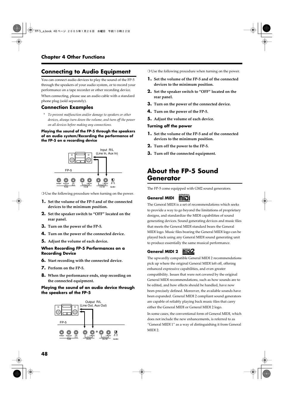 Connecting to audio equipment, About the fp-5 sound generator, Audio equipment and other such devices (p. 48) | Roland FP-5 User Manual | Page 48 / 80