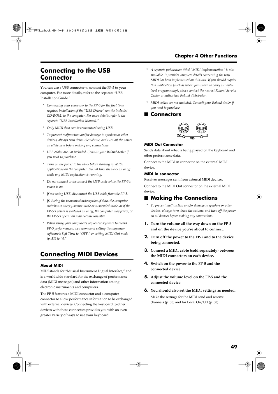 Connecting to the usb connector, Connecting midi devices, Connectors | Making the connections, Connectors making the connections, Cable (p. 49), And receiving midi messages (p. 49), Sequencer. refer to p. 49 | Roland FP-5 User Manual | Page 49 / 80