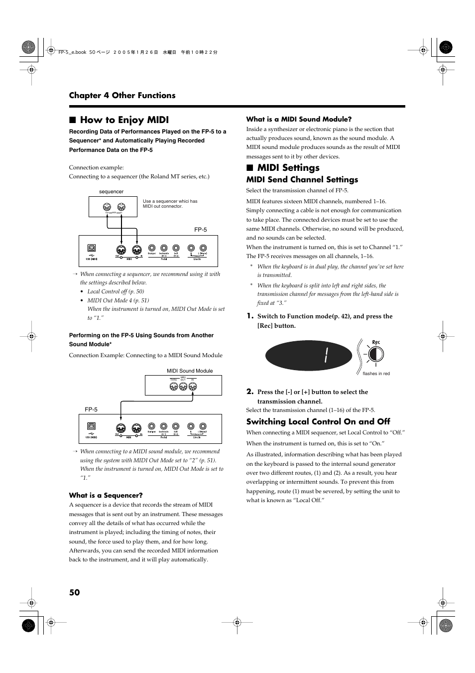 How to enjoy midi, Midi settings, How to enjoy midi midi settings | P. 50, 50 chapter 4 other functions, Midi send channel settings, Switching local control on and off | Roland FP-5 User Manual | Page 50 / 80