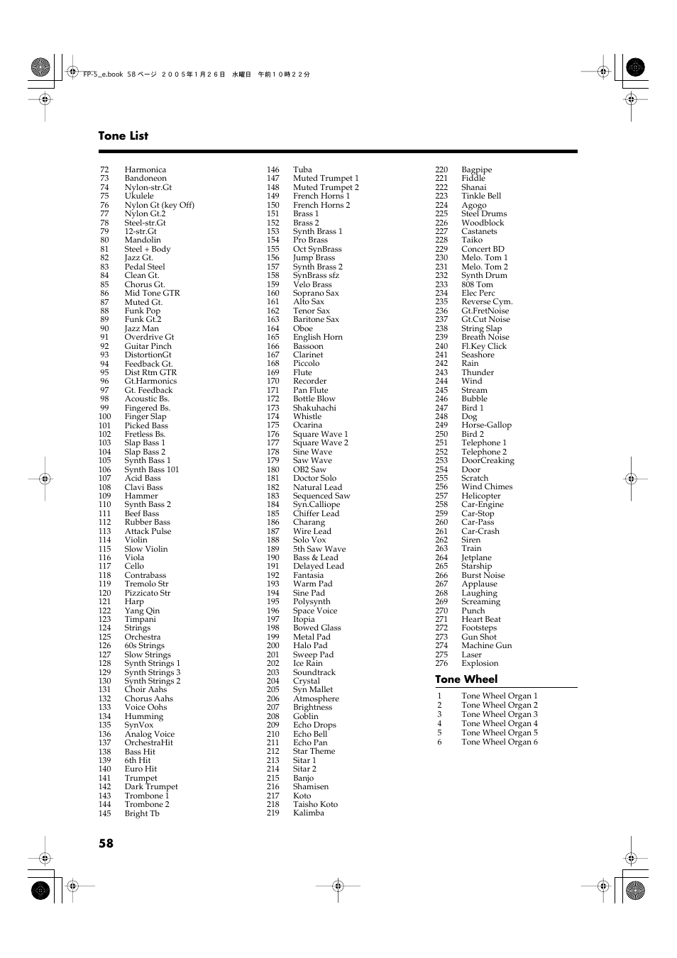 58 tone list | Roland FP-5 User Manual | Page 58 / 80