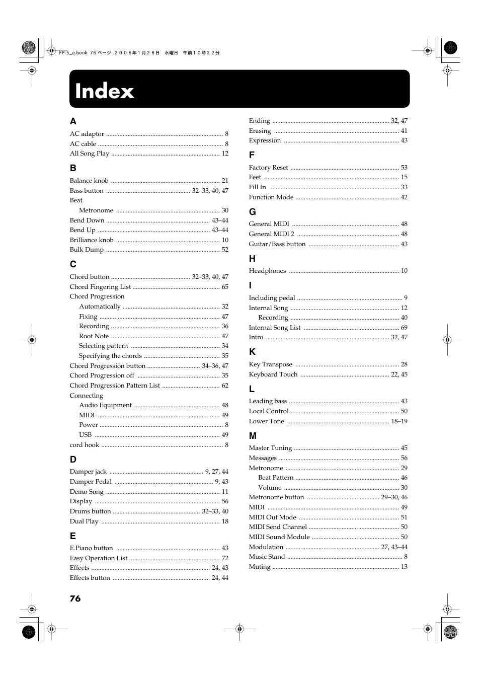 Index | Roland FP-5 User Manual | Page 76 / 80