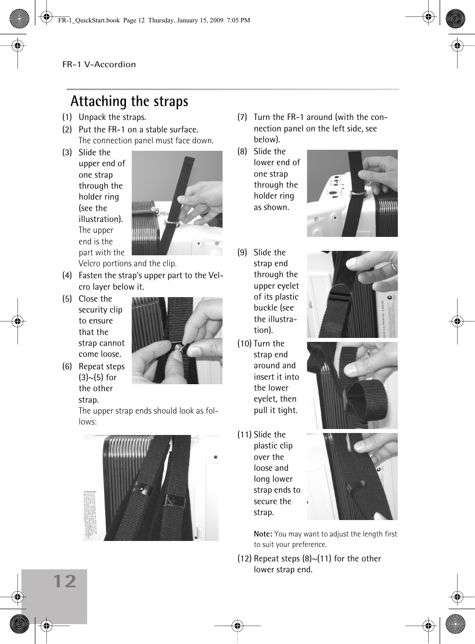 Attaching the straps | Roland FR-1 User Manual | Page 12 / 100