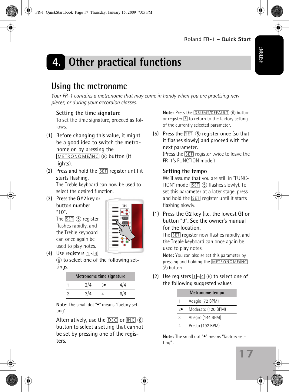Other practical functions, Using the metronome | Roland FR-1 User Manual | Page 17 / 100