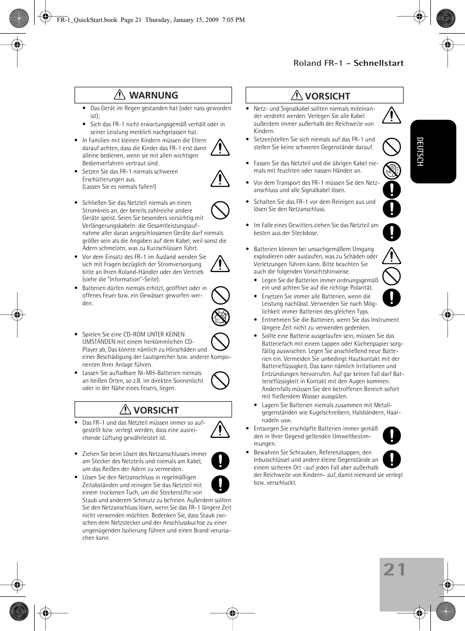 Warnung vorsicht vorsicht | Roland FR-1 User Manual | Page 21 / 100