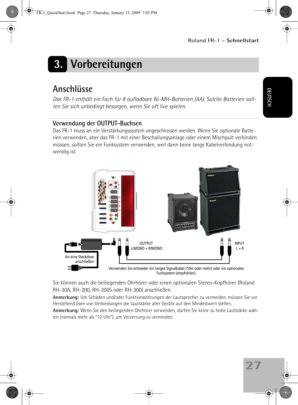 Vorbereitungen, Anschlüsse | Roland FR-1 User Manual | Page 27 / 100