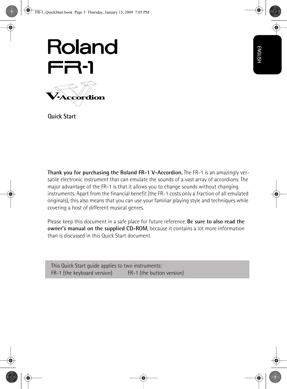 Quick start | Roland FR-1 User Manual | Page 3 / 100