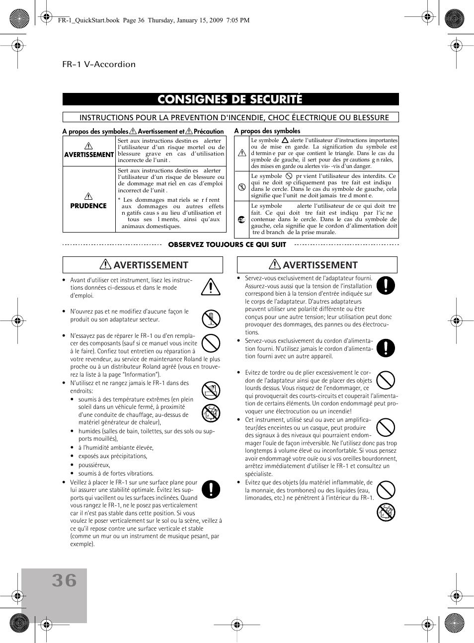 Consignes de securité, Avertissement, Fr-1 v-accordion | Roland FR-1 User Manual | Page 36 / 100